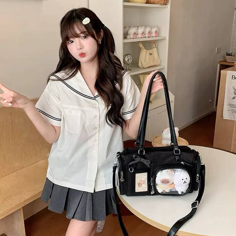 Y2K New Bow Ita Shoulder Bags Sweet Girl Transparent Bag Large Capacity Comic Exhibition Crossbody Bag Cute DIY Display Handbags