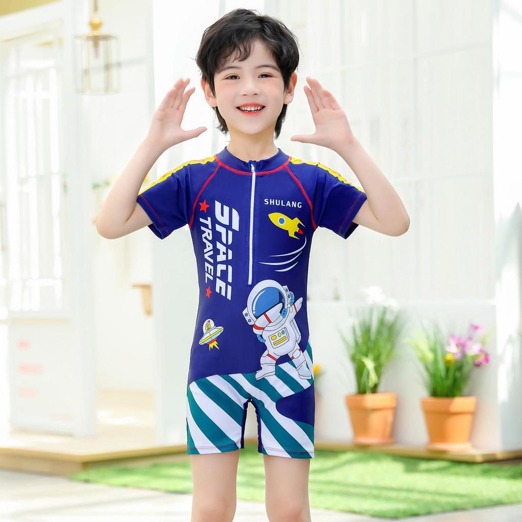 Kids' Quick-Dry Short Sleeve One-Piece Swimsuit for Boys - Medium & Large Sizes, Ideal for Swimming and Hot Springs
