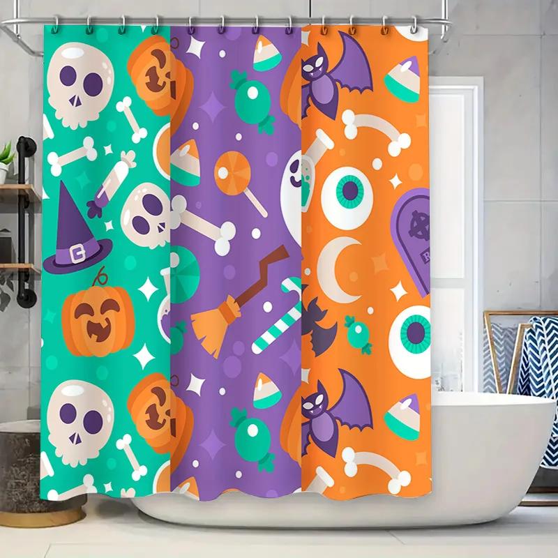 

Halloween-Themed Shower Curtain Sets Featuring Spooky Designs Like Pumpkins, Skulls, Bats, Candies, Brooms, And Cauldrons In Gre W60H190(CM)-1 Pcs
