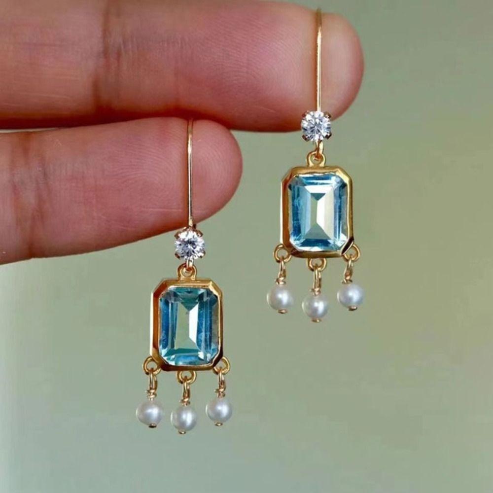 

Dainty Drop Earrings Blue Zircon Hook Earrings Vintage Crystal Dangle Earring Ladies Girl Party Blue-Design 1