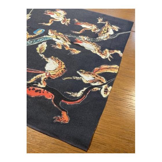Ukiyo-e Tenugui Towel: Frogs and Snakes Play by Kawanabe Kyosai, Black, 100% Cotton, Japan, Premium Tokka, Reactive Dye, Screen Printed, Animals,