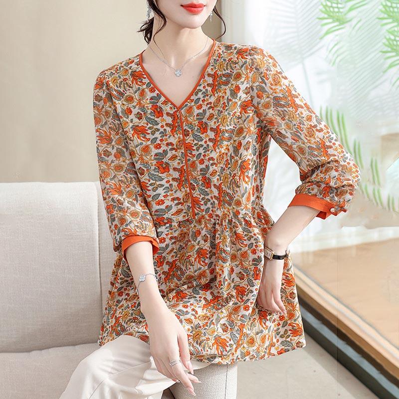 Plus Size Women's T-shirt Autumn and Winter  Ing Shirt Floral Shirt Loose Comfortable Casual V-Neck Tops