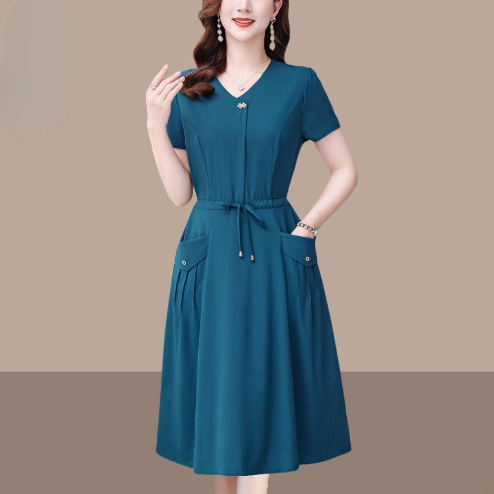 Fashion Summer Solid Color Short Sleeve Dress for Women Slim Fit Waist Cover Belly Elegant