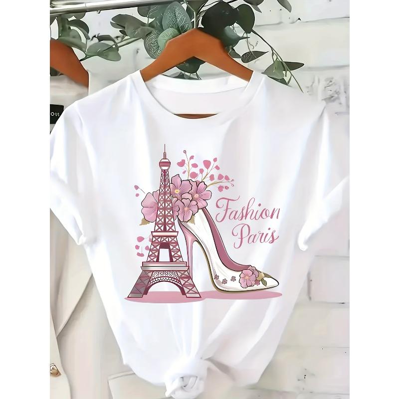 

European size Summer Women S Casual Round Neck T-Shirt with High Heel And Eiffel Tower Print 4XL