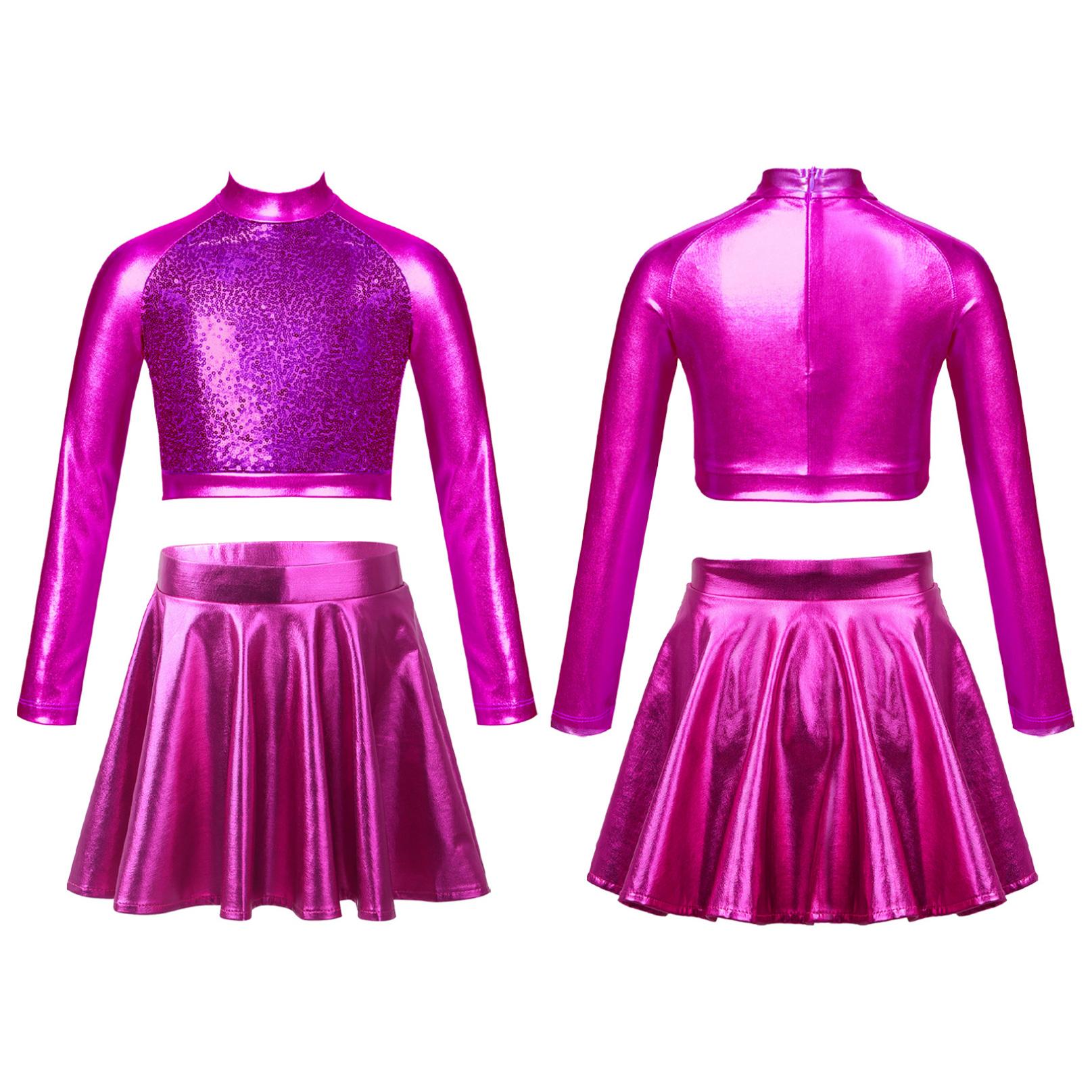 

Дитячий металевий кроп-топ з паєтками та плісированою спідницею для танцювальних виступів для черлідінгу 13-14 Years гарячі рожевого кольору