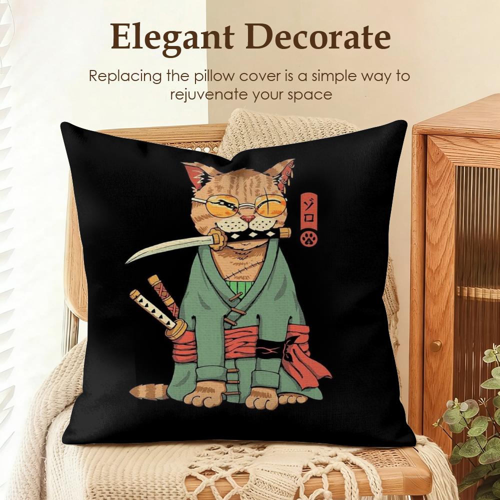 Japanese Style Cat Cushion Cover Natural Linen Organic Fabric DoubleSided Printing Sofa Home Decor Gift Pillow Case