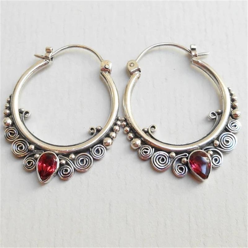 Vintage Silver Color Water Droplet Inlaid Red Zircon Earrings Exquisite Metal Carving Spiral Hoop Earrings for Women Accessories