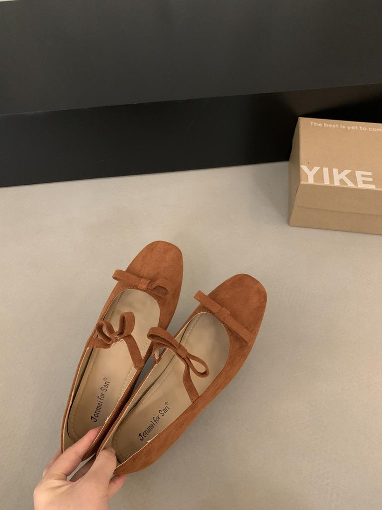 French Retro Double Bow Inner Height Increase Mary Jane Shoes Women's 2025 Autumn New Light Mouth Suede Ballet Shoes