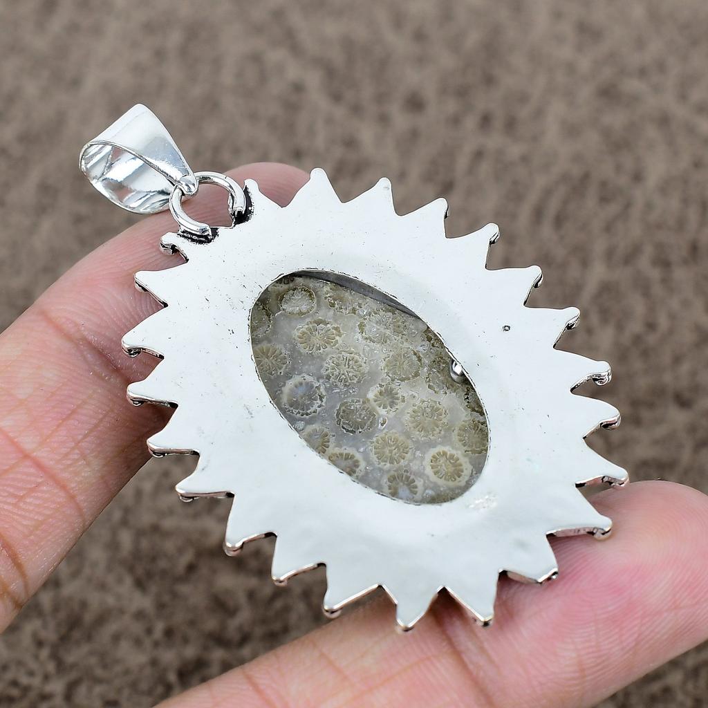 Fossil Coral Gemstone Handmade 925 Sterling Silver Jewelry Pendant 2.52" KKG-751