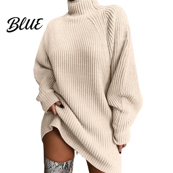 Sweater Dress Solid Color Half High Collar Raglan Long Sleeve Loose Fit Knitting Autumn Winter Mini Knitwear Knit