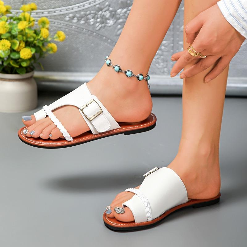 Fashion Slip Toe Sandals Summer New Retro Simple Versatile Metal One Buckle Soft Slip Anti-Slip Beach Casual Flat Flip Flops