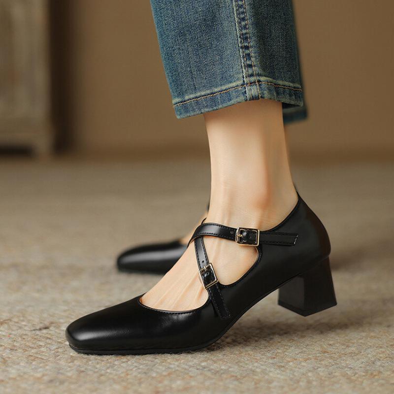 

Four Seasons Wear Women s Shoes Black Single Shoes New Casual Ladies Medium Heel Small Leather Shoes Buckle Beef Rib Soft Sole Square Head Square Heel 39 чёрный