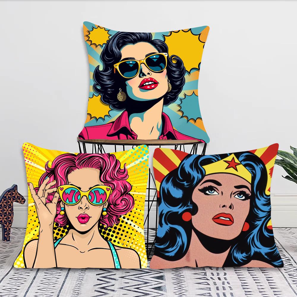 1pc Colorful Pop Art Canvas Comic Woman Pillow Case Square Bedroom Sofa Leisure Comfort Cushion Car Living Room Home Decoration