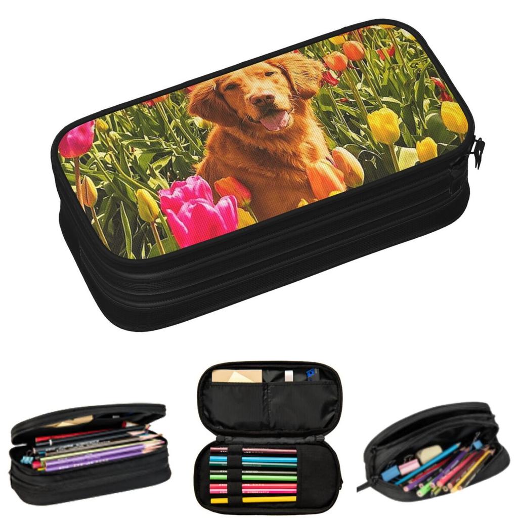 Cute Dog And The Yellow Tulip Pencil Cases for Students School Pen Box Pencil Bag Big Capacity Pencil Pouch