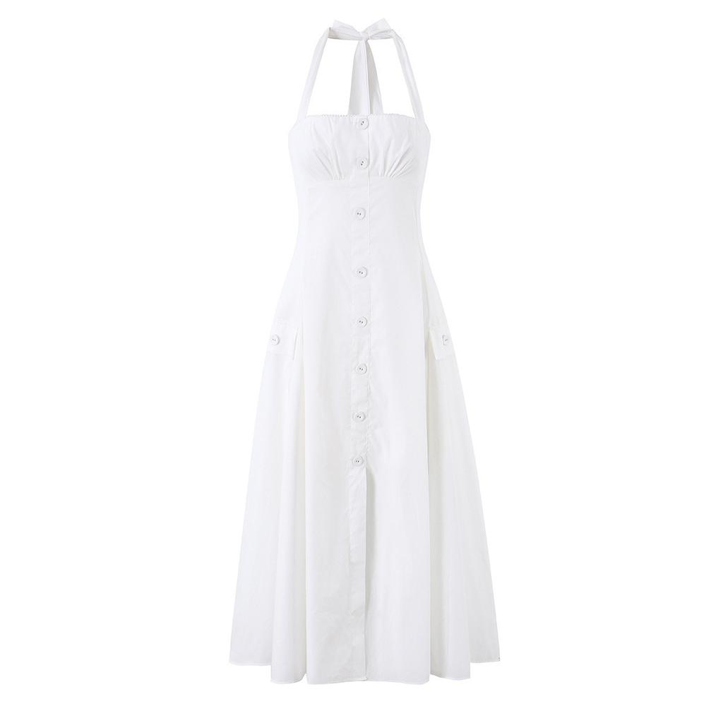 House French temperament elegant retro sexy waist neck halter straps button medium length dress