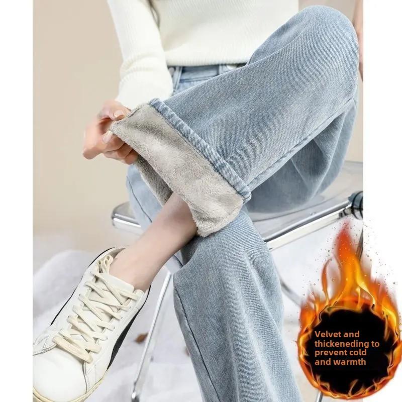 Thickened Fleece-lined Women's Jeans Winter Hong Kong Style Straight-leg Loose-fit Pants Arrival Petite Wide-leg Denim