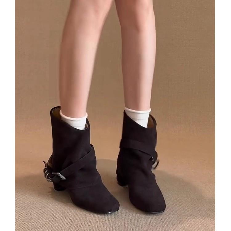 Cowhide version~ inner height increase metal belt buckle western boots retro suede square head niche high-end handsome short boots