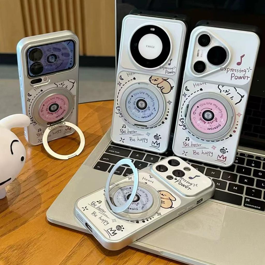 Applicable to iPhone17 new CD record puppy mobile phone case rotating bracket Apple 16/15 electroplated Corning case