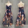 Spring and summer European and American women's clothing printed pleated sexy suspender dress long dress