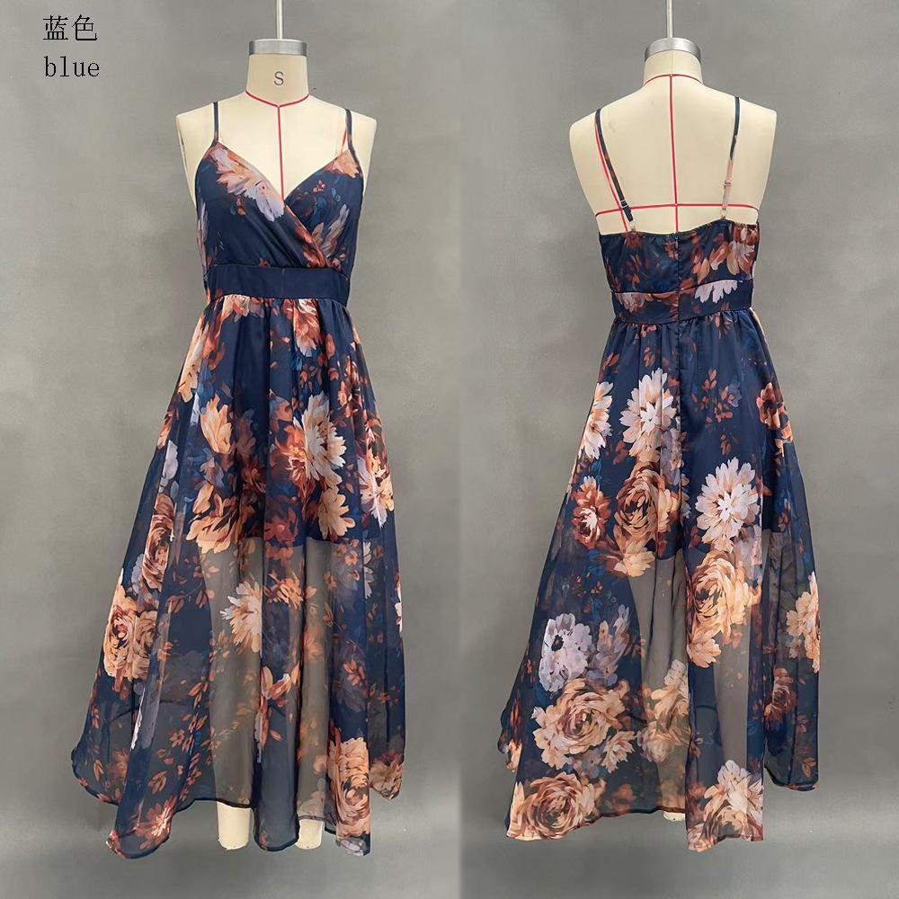 Spring and summer European and American women's clothing printed pleated sexy suspender dress long dress