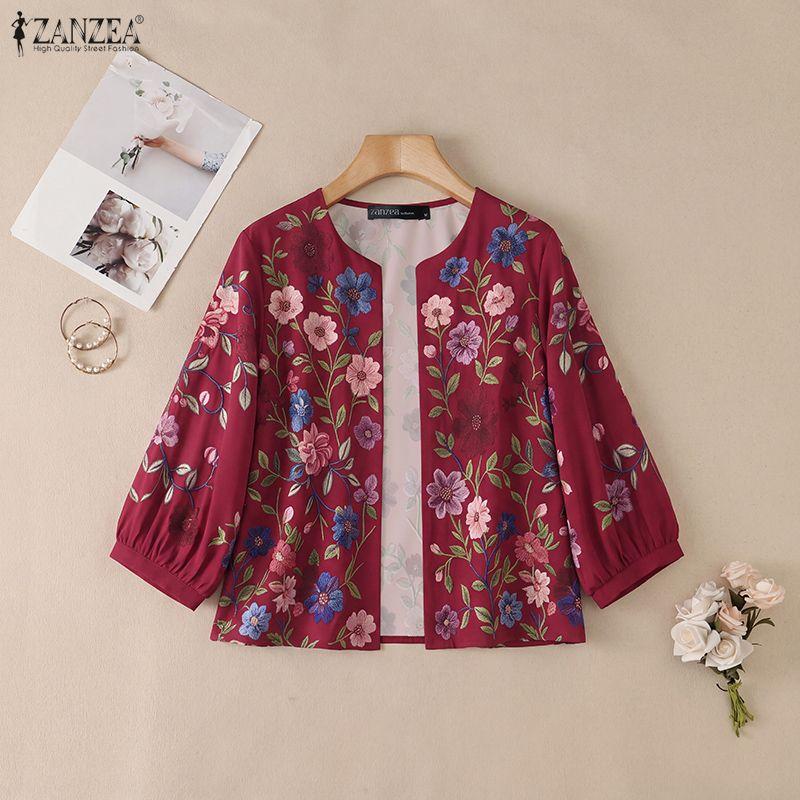 ZANZEA Women Floral Print Loose Casual Half Sleeve Cardigan Blouse