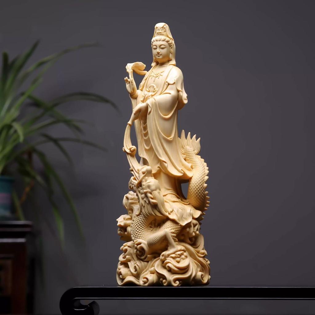 Wooden Buddha Statue [Kannon Statue, Dragon-Riding Kannon, Dragon Kannon] 30cm, Made of High-Quality Cypress Wood, Good Fortune, Protection from Evil,