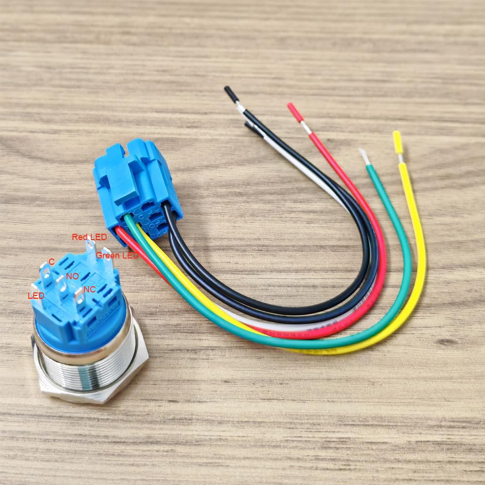 22mm Momentary Push Button with Wire Socket 3A-12-24V(AC/DC) 1NO 1NC SPDT On Off Metal Waterproof IP65 Self Reset (Red&Green LED)