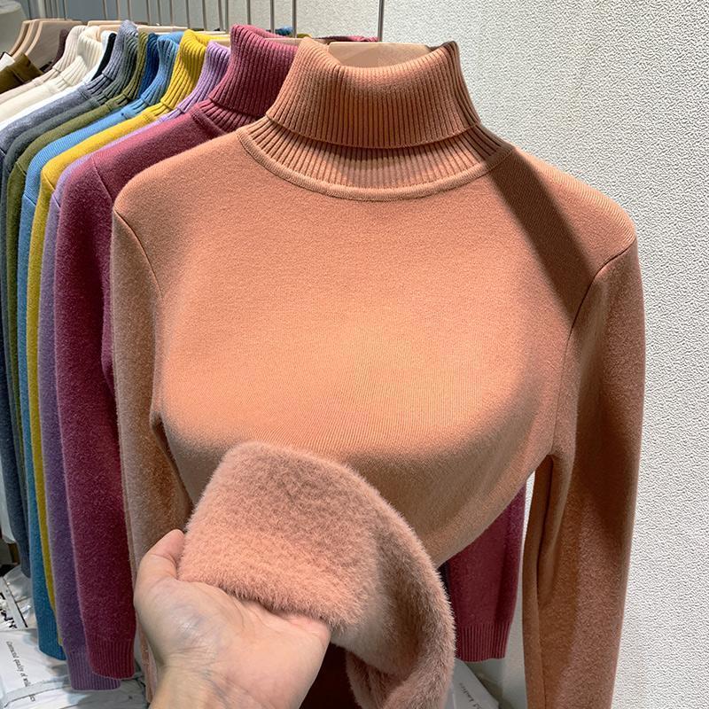 Turtleneck Sweater Women's Fleece Thickened New Integrated Mink Fleece Inner Top Shirt Women's Winter Thick