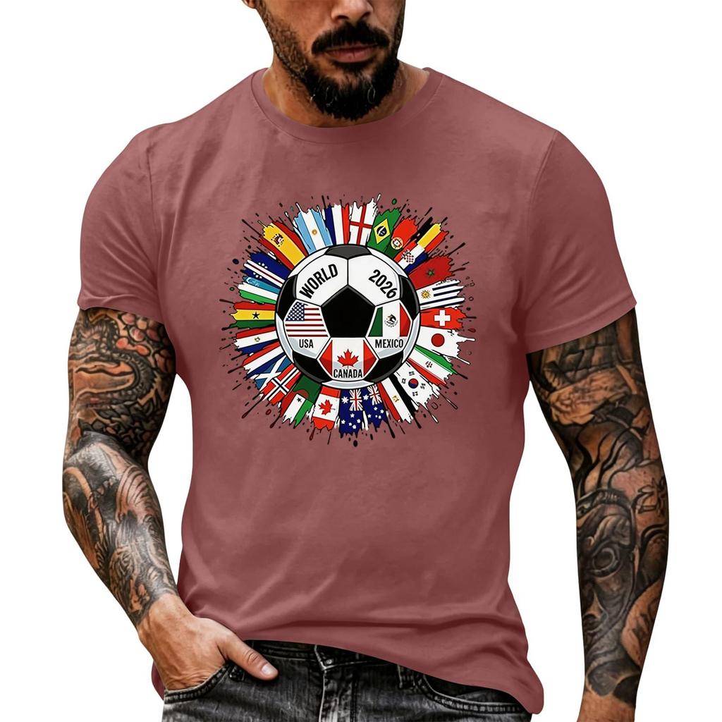 Men's Basic Crew Neck Short Sleeve T Shirt Loose Fit Casual Summer Top Soccer Ball and International Flags Graphic Print