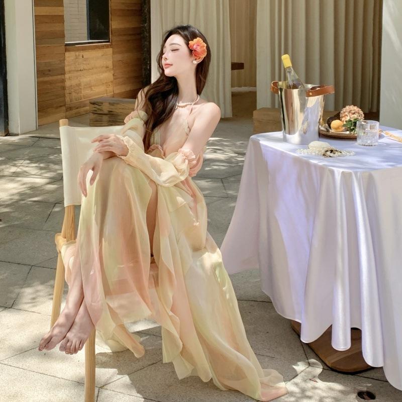 French temperament seaside vacation fairy skirt smudged dress summer super fairy sweet suspender long dress drooping feeling