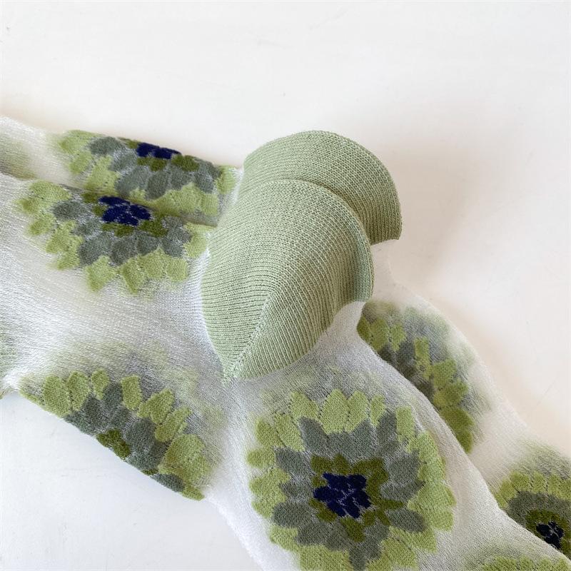 Crystal Silk Socks Women Summer Ultra-thin Transparent Nylon Long Socks Floral Embroidery Japanese Kawaii Cute Mesh Lace Socks