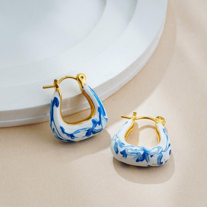 User Friendly Ceramic Ear Clip Blue Floral Pattern Dangle Earring Sturdy Copper Material Office And Casual Accessory