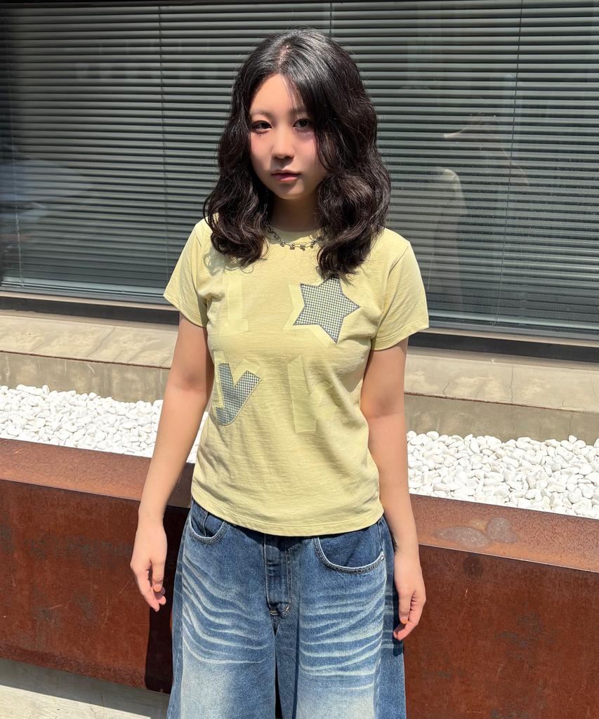 WAIKEI Yk Check Applique Short Sleeve T-Shirt Light Yellow