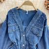Giacca in denim da donna, primavera e autunno, ampia, alla moda, con perline, scollo a V, vita corta