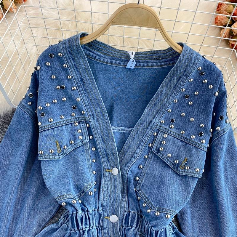Giacca in denim da donna, primavera e autunno, ampia, alla moda, con perline, scollo a V, vita corta