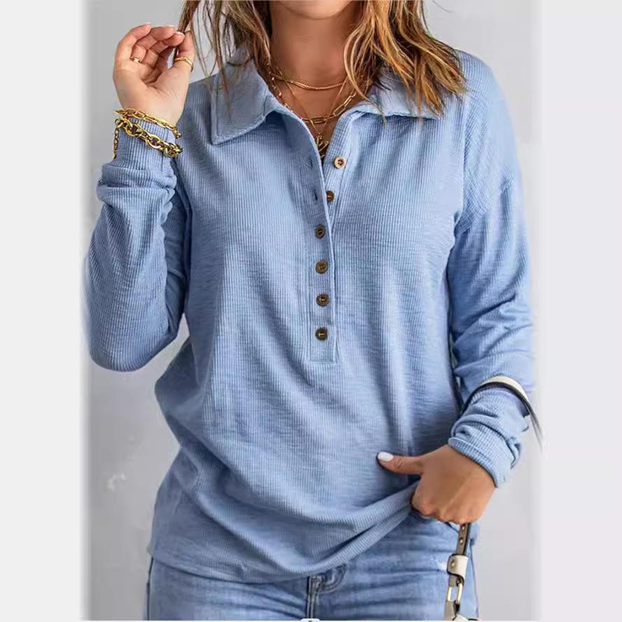 Autumn and Winter Solid Color Knitted Shirt Single breasted Flip Collar Loose Casual Top Women's Pullovers & Long Sleeves