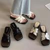 One-character Cool Slippers Women's Flat Bottom Drag Summer Fashion Solid Color Soft Leather Square Head Open-toed Casual Women's Slope and Cool Sl