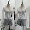 Women's Sexy V-neck Lace Shirt with Lace-up Bowknot and Hollow Long Sleeves