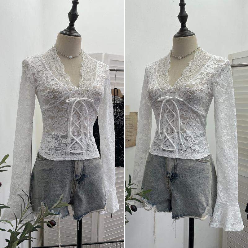 Women's Sexy V-neck Lace Shirt with Lace-up Bowknot and Hollow Long Sleeves