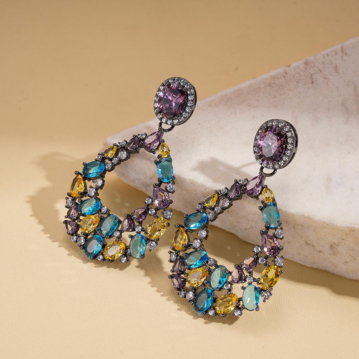 Zircon hollow water drop round colored silver needle earrings retro exquisite earrings