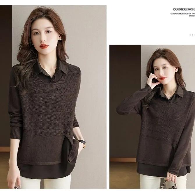 Korean Fake Two-piece Shirt Knitted Women's Spring Autumn Fashion Loose Sweater Bottoming Shirt Female Knitwear Tops