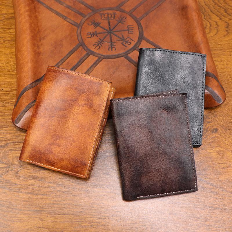Handmade Distressed Genuine Leather Men's Wallet with Multiple Card Slots, Short Style, Top Layer Cowhide, Vintage Large Banknote Wallet