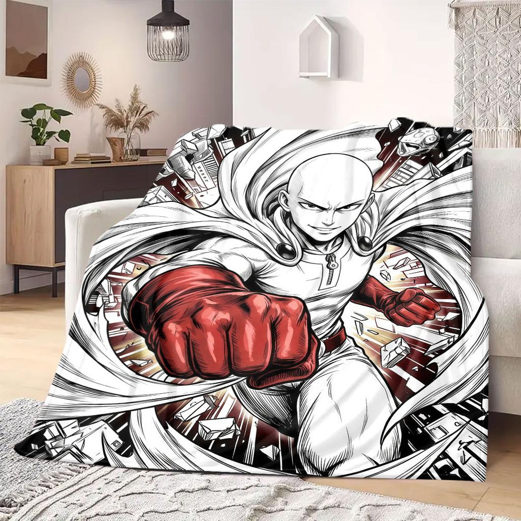 One Punch Man Smart Print Flannel Blanket, Cartoon Decorative Pattern, Soft and Warm for Bed and Couch, Travel Blanket_LIAN