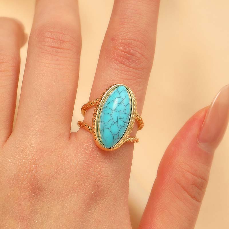 Vintage Metal Brown Stone Open Rings for Women Fashion Gold Color Geometric Oval Double Layered Adjustable Rings Jewelry Gifts