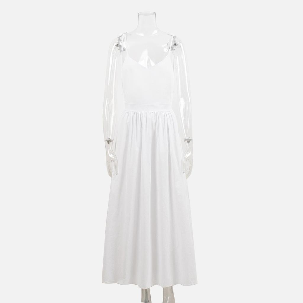 Spring New 100% Cotton V-neck Cami Dress, Women's Elegant Sexy Tie-back Open Back Dress, Cross-border European American Style