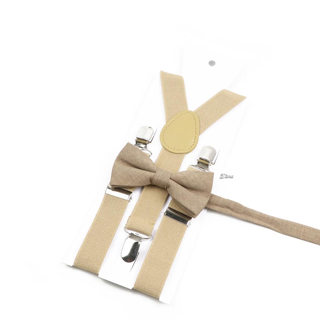 Men Kids Yellow Khaki Brown Suspender Bowtie Set Elastic Adjustable Y-Back Braces Straps Daily Father-Child Braces Accessory