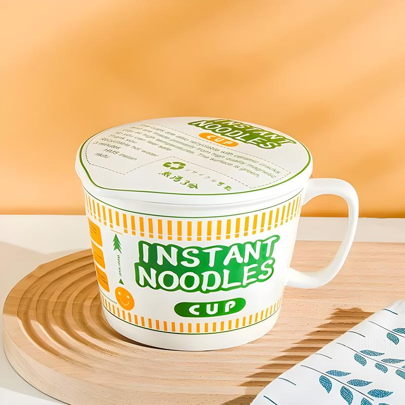 Instant Noodle Bowl with Handle Large Capacity Ramen Bowl Creativity Lid Ceramic Instant Lunch Bowl Cute Design Japanese Cup