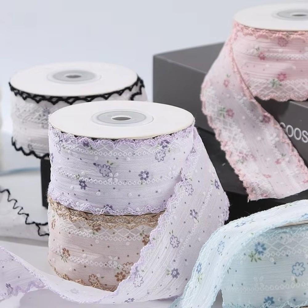 10 Yards 2.5cm Width Floral Fabric Ribbon 10 Yards Length Plaid & Polka Dot Pattern Bud Edge Wave Lace Ribbon