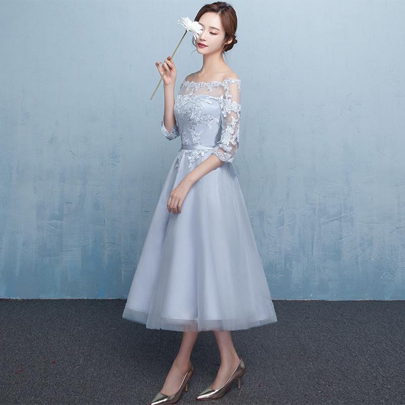 Evening dress new one-word shoulder certificate dress bridesmaid dress women's thin banquet bridesmaid group sisters dress