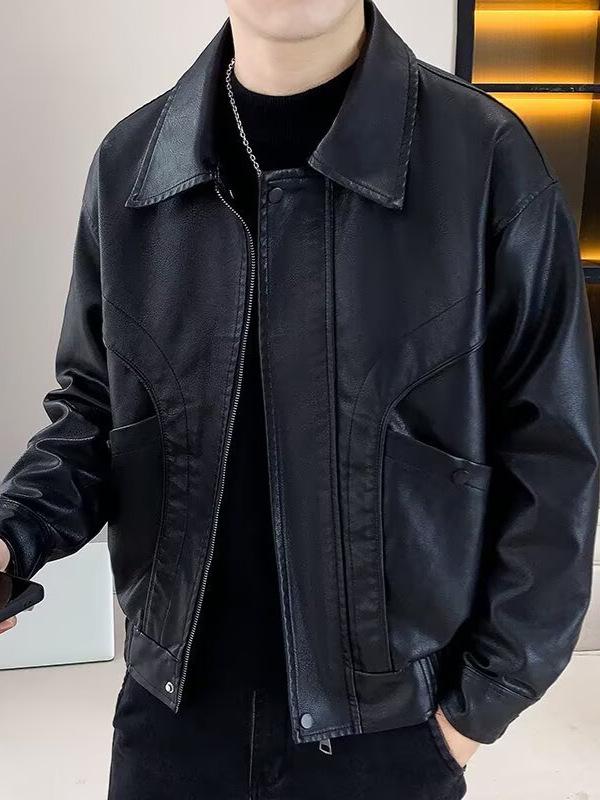 Men's Trendy PU Leather Motorcycle Jacket - Spring/Autumn Casual Lapel Coat